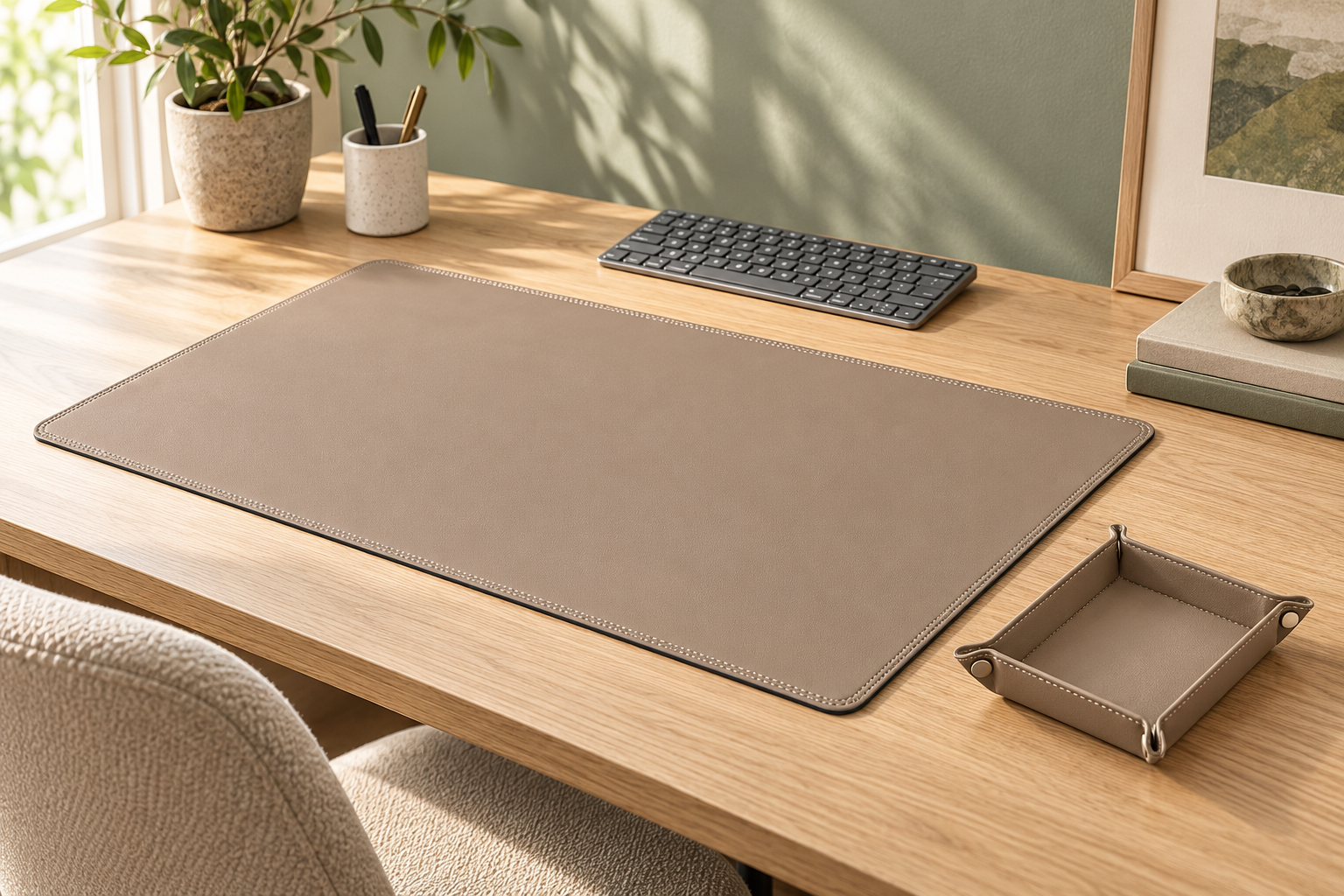 Taupe Contour desk mat and matching tray on an oak desk in a sage green home office